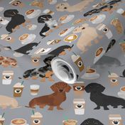 dachshund coffee fabric, coffees and lattes fabric - grey
