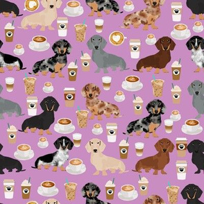 dachshund coffee fabric, coffees and lattes fabric - purple