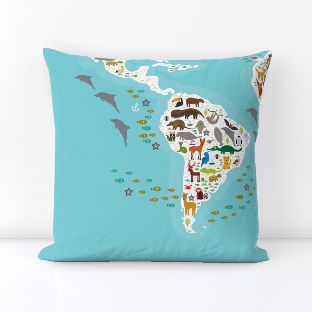 Cartoon animal world map for children and kids, Animals from all over the world, white continents and islands on blue background of ocean and sea. illustration growth blanket Size Yards (42 width)