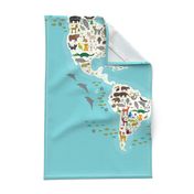 Cartoon animal world map for children and kids, Animals from all over the world, white continents and islands on blue background of ocean and sea. illustration growth blanket Size Yards (42 width)