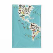 Cartoon animal world map for children and kids, Animals from all over the world, white continents and islands on blue background of ocean and sea. illustration growth blanket Size Yards (42 width)