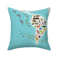 Cartoon animal world map for children and kids, Animals from all over the world, white continents and islands on blue background of ocean and sea. illustration growth blanket Size Yards (42 width)