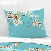 Cartoon animal world map for children and kids, Animals from all over the world, white continents and islands on blue background of ocean and sea. illustration growth blanket Size Yards (42 width)