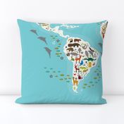 Cartoon animal world map for children and kids, Animals from all over the world, white continents and islands on blue background of ocean and sea. illustration growth blanket Size Yards (42 width)