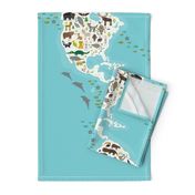 Cartoon animal world map for children and kids, Animals from all over the world, white continents and islands on blue background of ocean and sea. illustration growth blanket Size Yards (42 width)