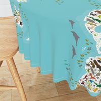 Cartoon animal world map for children and kids, Animals from all over the world, white continents and islands on blue background of ocean and sea. illustration growth blanket Size Yards (42 width)