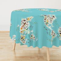 Cartoon animal world map for children and kids, Animals from all over the world, white continents and islands on blue background of ocean and sea. illustration growth blanket Size Yards (42 width)