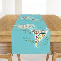 Cartoon animal world map for children and kids, Animals from all over the world, white continents and islands on blue background of ocean and sea. illustration growth blanket Size Yards (42 width)