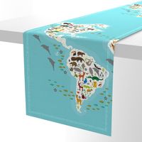 Cartoon animal world map for children and kids, Animals from all over the world, white continents and islands on blue background of ocean and sea. illustration growth blanket Size Yards (42 width)