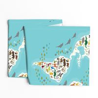 Cartoon animal world map for children and kids, Animals from all over the world, white continents and islands on blue background of ocean and sea. illustration growth blanket Size Yards (42 width)