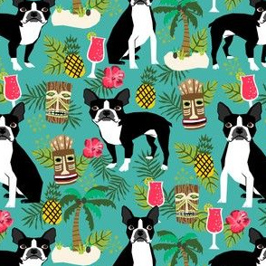 boston terrier tiki fabric, palm trees summer design - turquoise