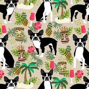 boston terrier tiki fabric, palm trees summer design - sand