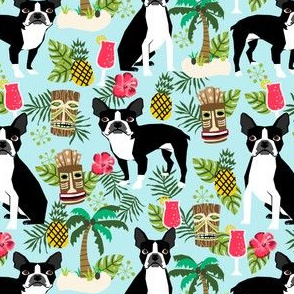 boston terrier tiki fabric, palm trees summer design - light blue