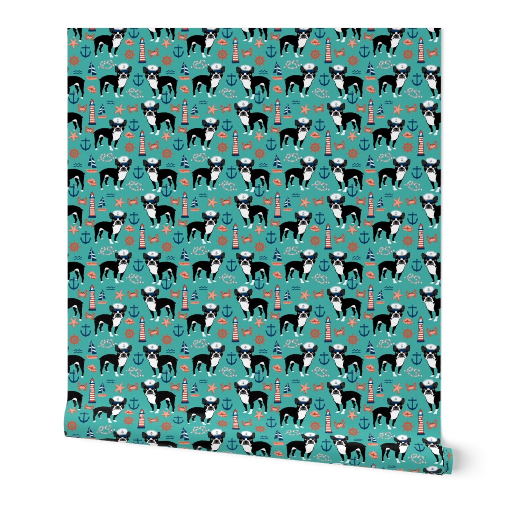 boston terrier dog fabric, nautical summer lighthouse design - turquoise