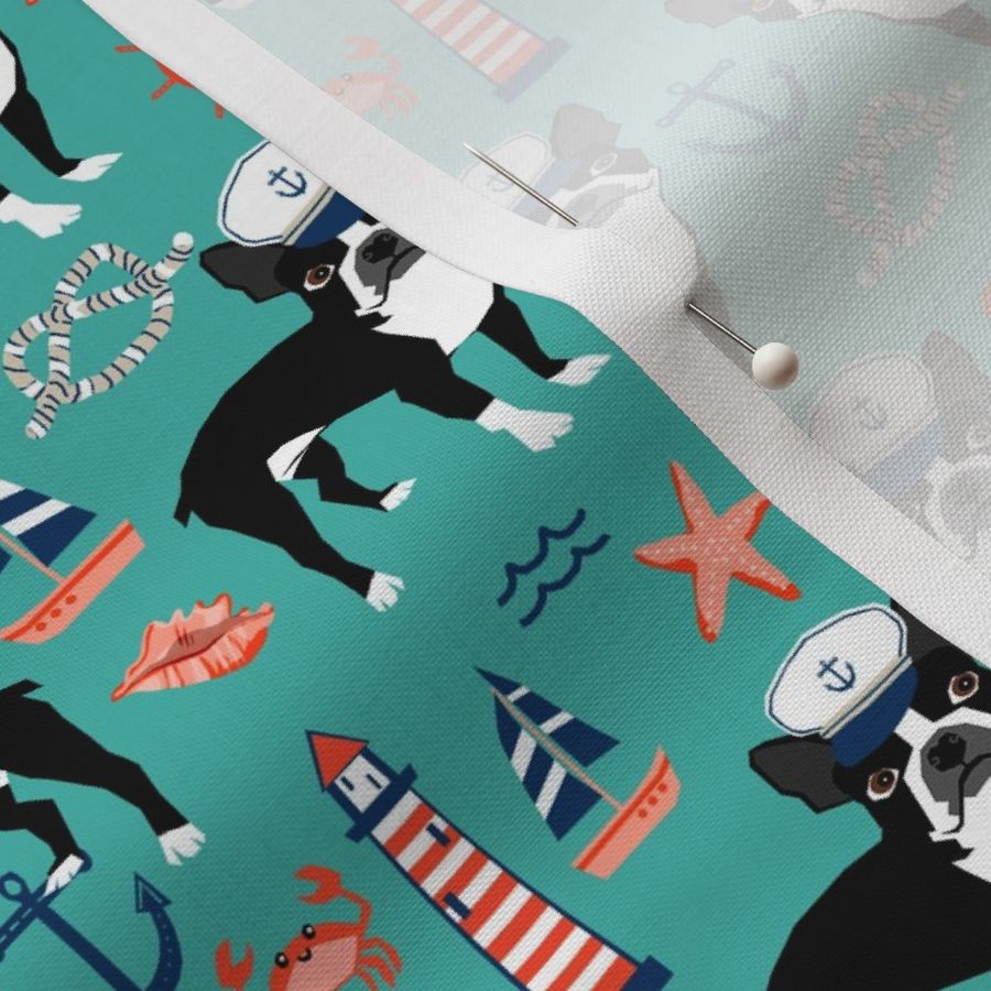 boston terrier dog fabric, nautical summer lighthouse design - turquoise