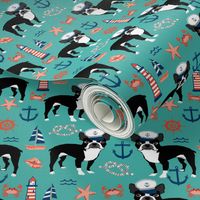 boston terrier dog fabric, nautical summer lighthouse design - turquoise