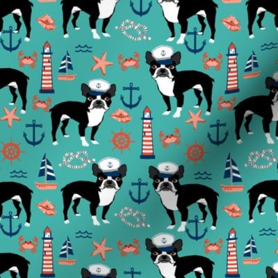 boston terrier dog fabric, nautical summer lighthouse design - turquoise