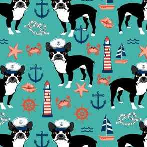 boston terrier dog fabric, nautical summer lighthouse design - turquoise