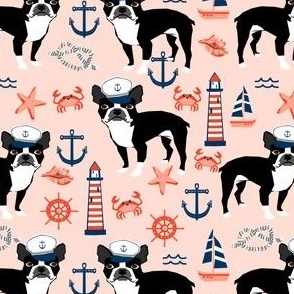 boston terrier dog fabric, nautical summer lighthouse design - peach
