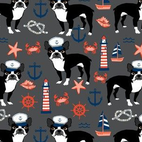 boston terrier dog fabric, nautical summer lighthouse design - charcoal