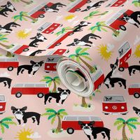 boston terrier summer fabric, surfing dog palm tree tropical design -  peach