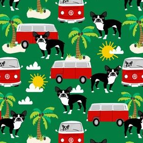 boston terrier summer fabric, surfing dog palm tree tropical design - green