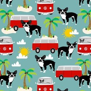 boston terrier summer fabric, surfing dog palm tree tropical design - blue