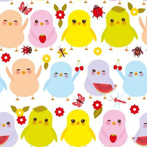 summer birds. Kawaii colorful blue green orange pink yellow chick with pink cheeks and winking eyes, pastel colors on white background. illustration