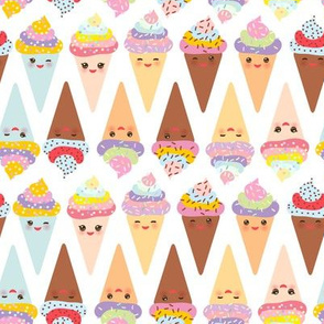 Ice cream cone Kawaii funny Ice cream waffle cone, muzzle with pink cheeks and winking eyes, pastel colors on white background. illustration