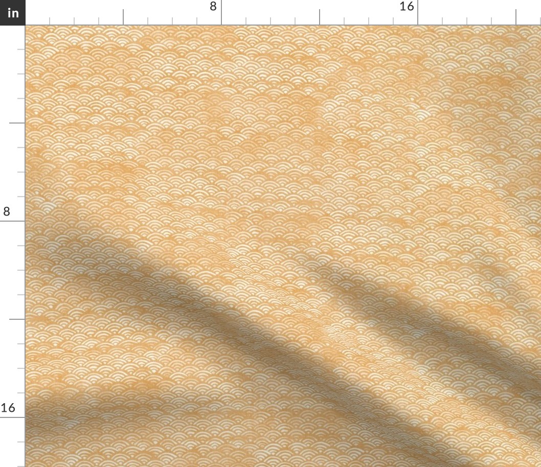 Japanese Block Print Pattern of Ocean Waves | Japanese Waves Pattern in Yellow Ochre, Gold Boho Print, Beach Fabric.