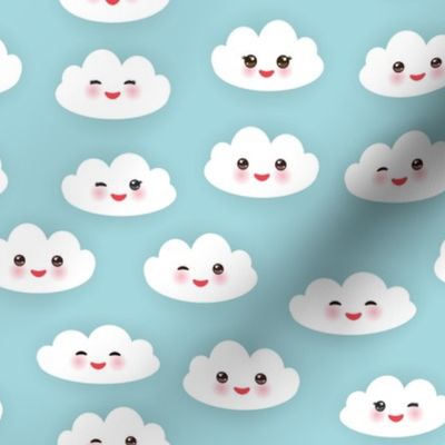 sky Kawaii funny white clouds set, muzzle with pink cheeks and winking eyes. Seamless pattern  on blue background. illustration