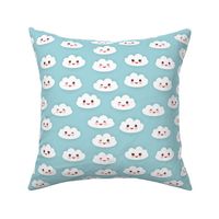 sky Kawaii funny white clouds set, muzzle with pink cheeks and winking eyes. Seamless pattern  on blue background. illustration