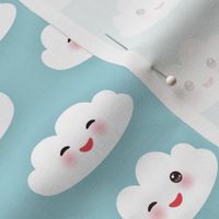 sky Kawaii funny white clouds set, muzzle with pink cheeks and winking eyes. Seamless pattern  on blue background. illustration