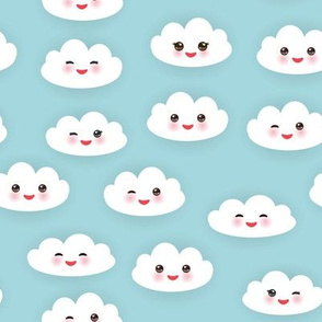 sky Kawaii funny white clouds set, muzzle with pink cheeks and winking eyes. Seamless pattern  on blue background. illustration