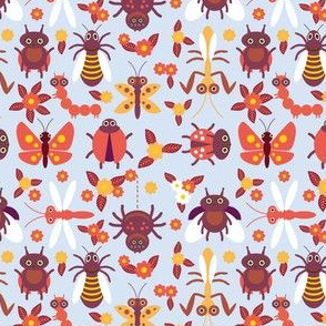 Funny insects Spider butterfly caterpillar dragonfly mantis beetle wasp ladybugs seamless pattern on blue background with flowers and leaves. illustration