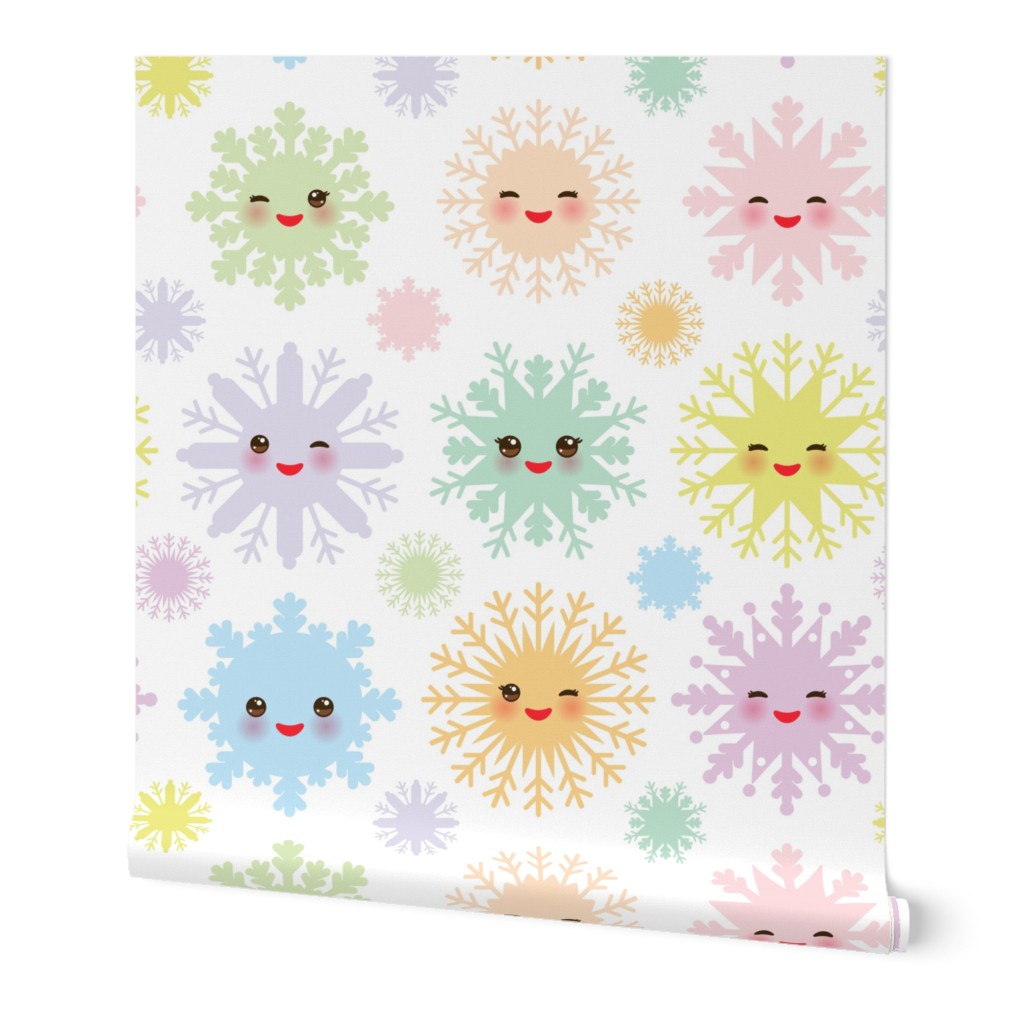 Snowflakes Christmas design seamless pattern, Kawaii snowflake set blue mint orange pink lilac funny face with eyes and pink cheeks on white background