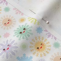 Snowflakes Christmas design seamless pattern, Kawaii snowflake set blue mint orange pink lilac funny face with eyes and pink cheeks on white background