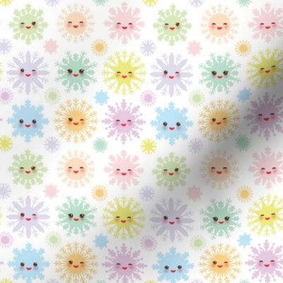 Snowflakes Christmas design seamless pattern, Kawaii snowflake set blue mint orange pink lilac funny face with eyes and pink cheeks on white background