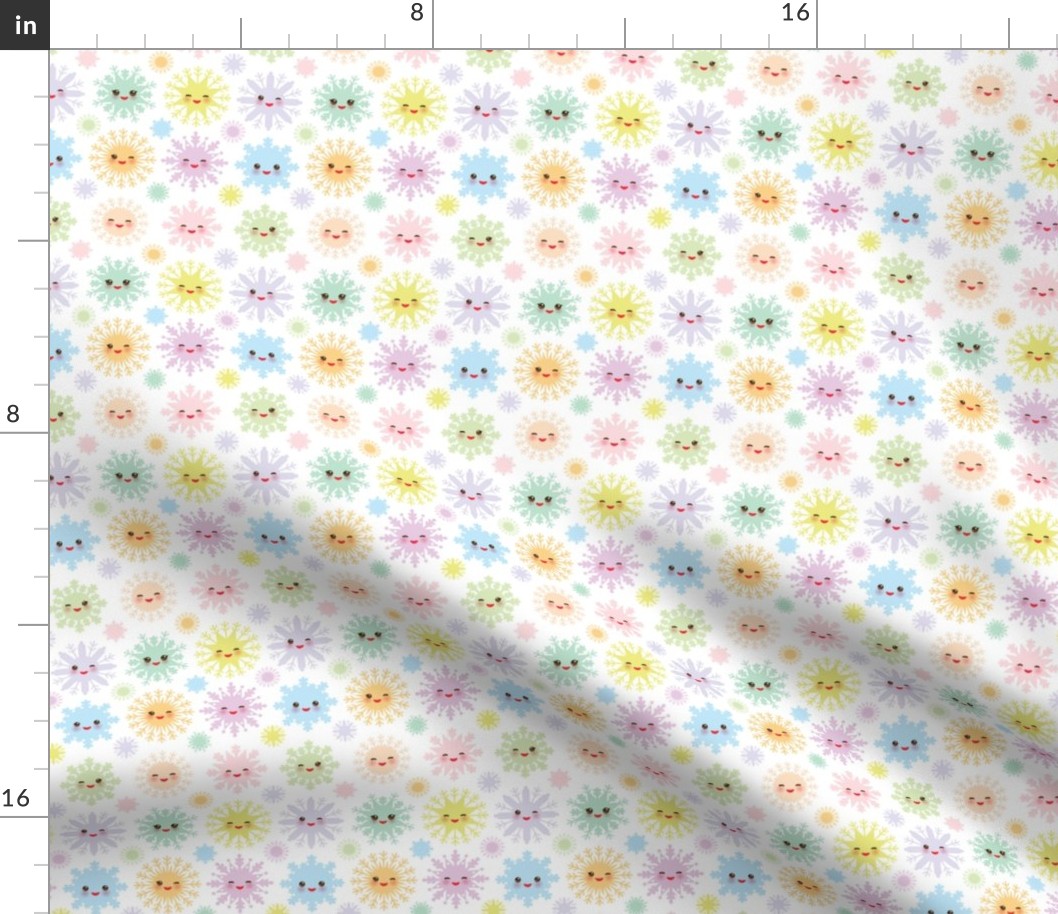 Snowflakes Christmas design seamless pattern, Kawaii snowflake set blue mint orange pink lilac funny face with eyes and pink cheeks on white background