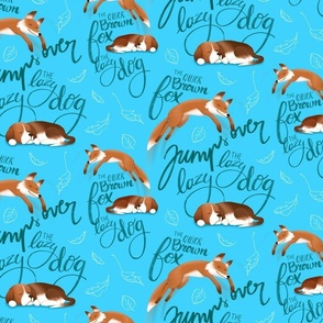 Fox and Hound - The Quick Brown Fox Jumps Over The Lazy Dog on Blue Background