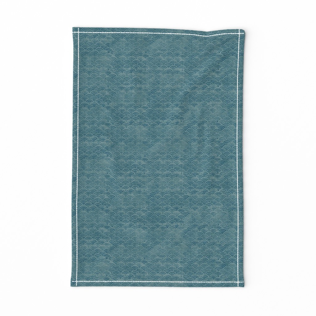 Japanese Block Print Pattern of Ocean Waves | Japanese Waves Pattern in Teal Blue, Blue Green Boho Print, Beach Fabric.