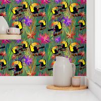 RAINFOREST TOUCAN BIRD LARGE  EXOTIC FLOWERS JUNGLE