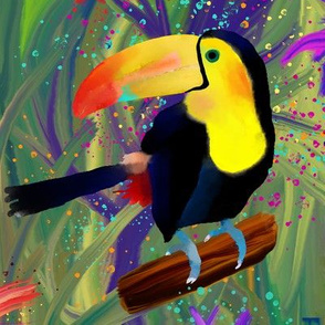 RAINFOREST TOUCAN BIRD LARGE  EXOTIC FLOWERS JUNGLE