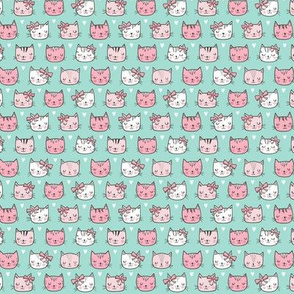 Pink Cat Cats  Faces with Bows and Hearts on Mint Green Tiny Small