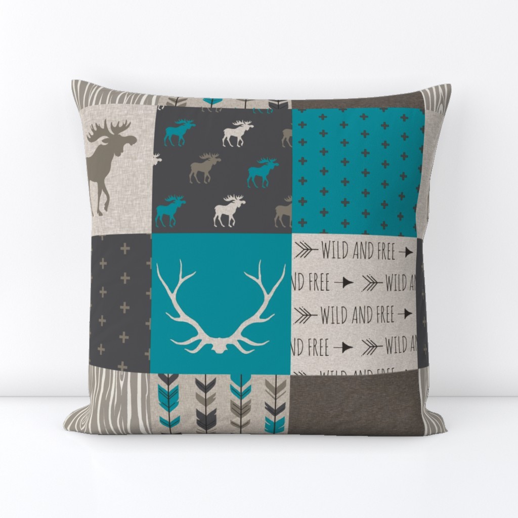 Wholecloth Quilt -Teal Redstone Canyon - Moose, antlers, arrows wild and free  in dark brown/dark grey, beige/tan