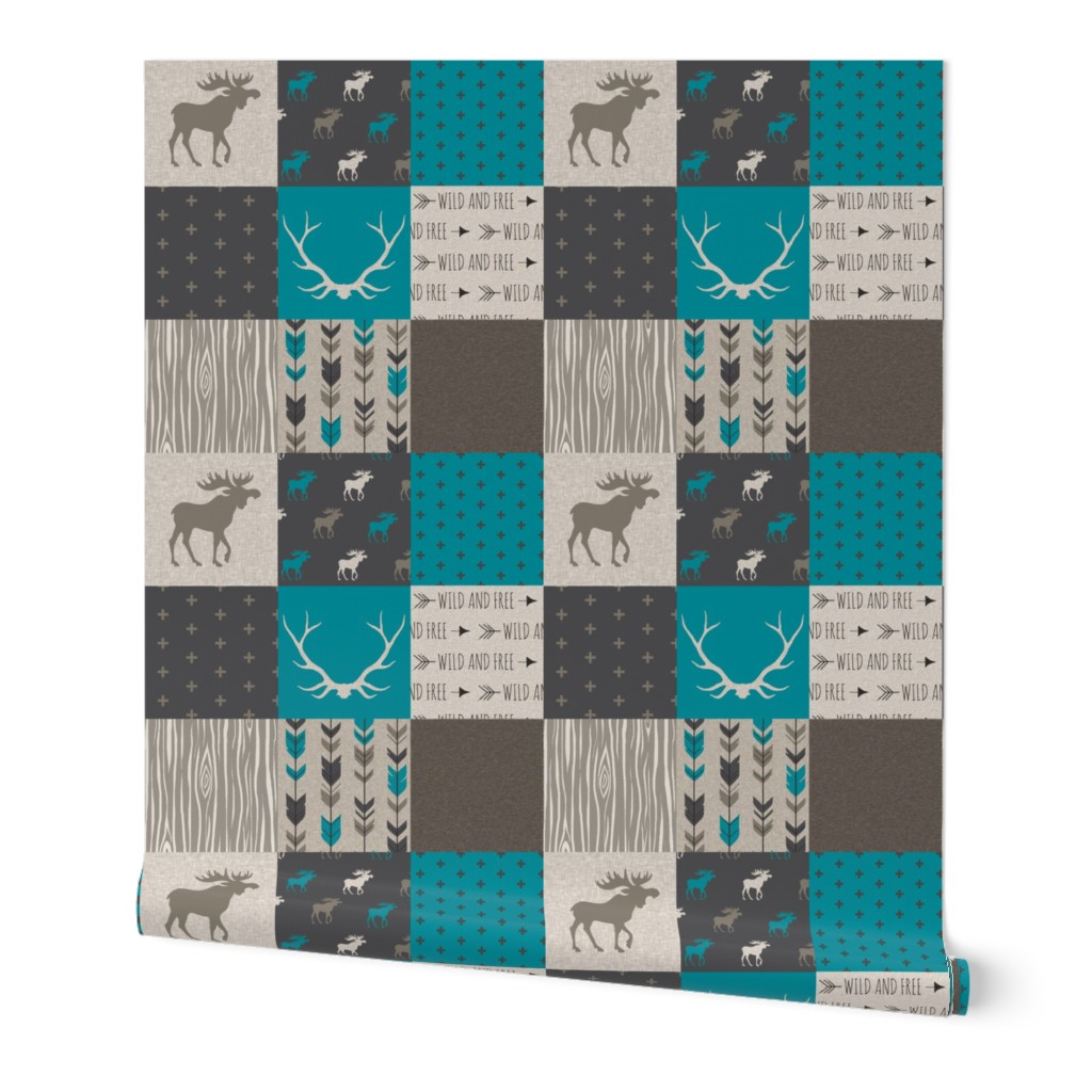 Wholecloth Quilt -Teal Redstone Canyon - Moose, antlers, arrows wild and free  in dark brown/dark grey, beige/tan