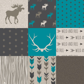 Wholecloth Quilt -Teal Redstone Canyon - Moose, antlers, arrows wild and free  in dark brown/dark grey, beige/tan