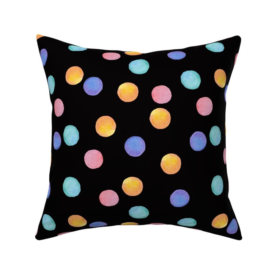 Watercolor  Colorful polka dots on black