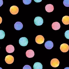 Watercolor  Colorful polka dots on black