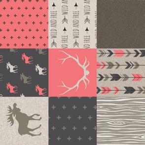 Wholecloth Quilt - Redstone Canyon - Strawberry Pink -Moose, antlers, arrows, wild and free in rust, brown, tan-ch-ch-ch